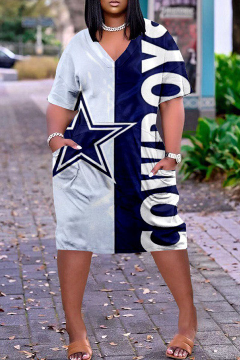 Dallas Football Dark Blue Fashion Casual Print Patchwork V Neck Short Sleeve Dress