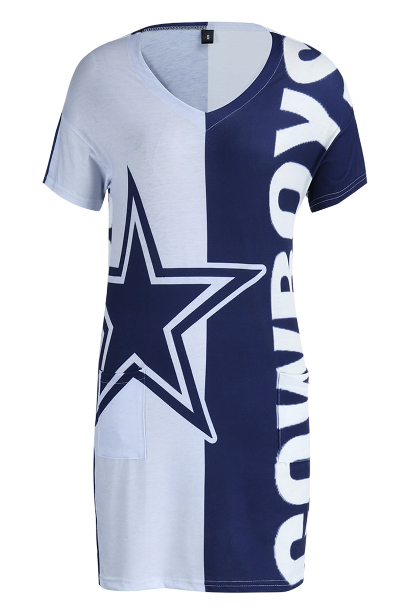 Dallas Football Dark Blue Fashion Casual Print Patchwork V Neck Short Sleeve Dress