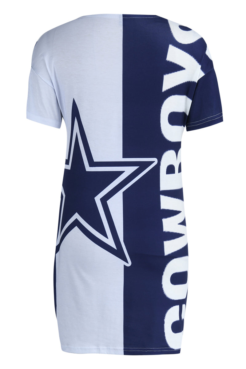 Dallas Football Dark Blue Fashion Casual Print Patchwork V Neck Short Sleeve Dress