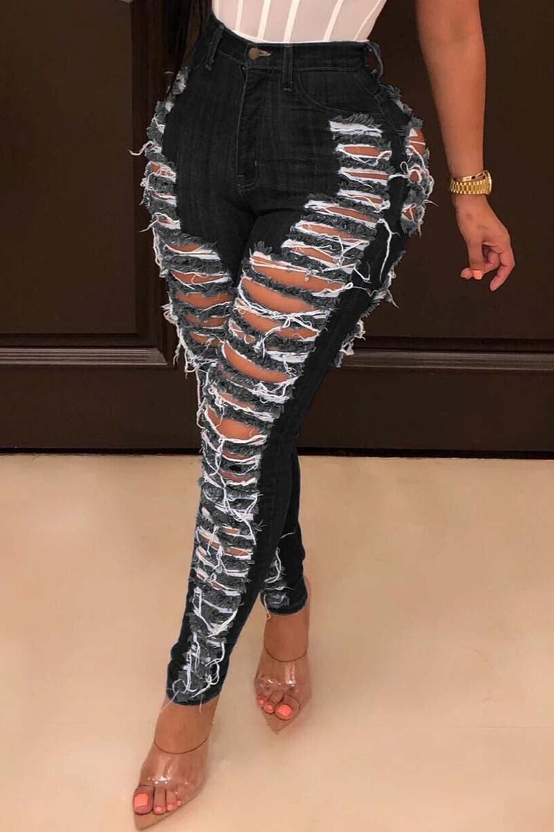 Black Casual Hight Waist Plus Size Distressed Ripped Denim Jeans