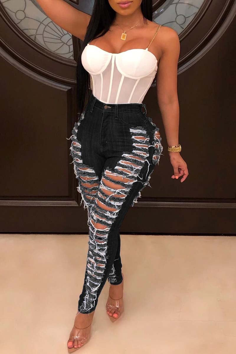 Black Casual Hight Waist Plus Size Distressed Ripped Denim Jeans