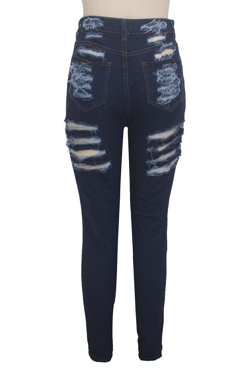 Black Casual Hight Waist Plus Size Distressed Ripped Denim Jeans