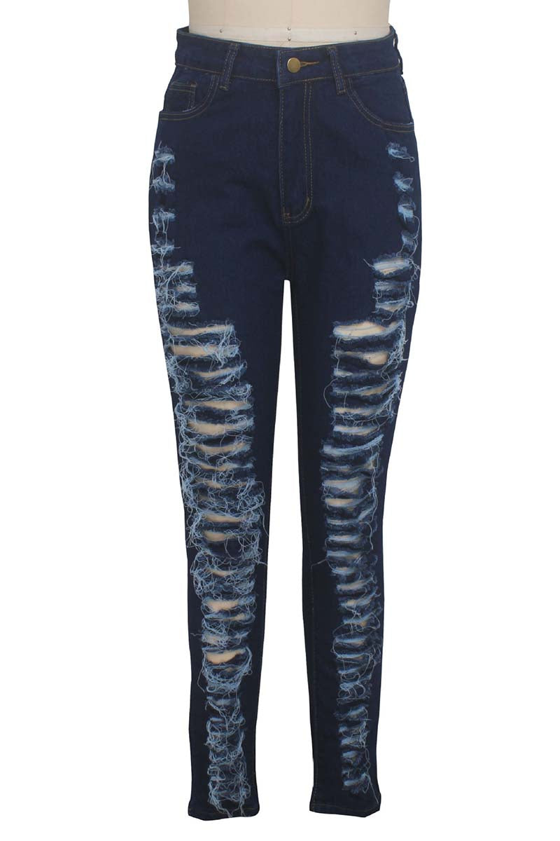 Black Casual Hight Waist Plus Size Distressed Ripped Denim Jeans