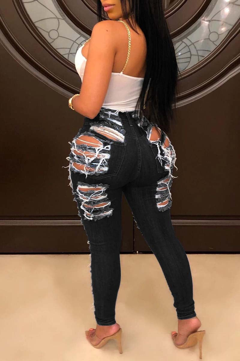 Black Casual Hight Waist Plus Size Distressed Ripped Denim Jeans