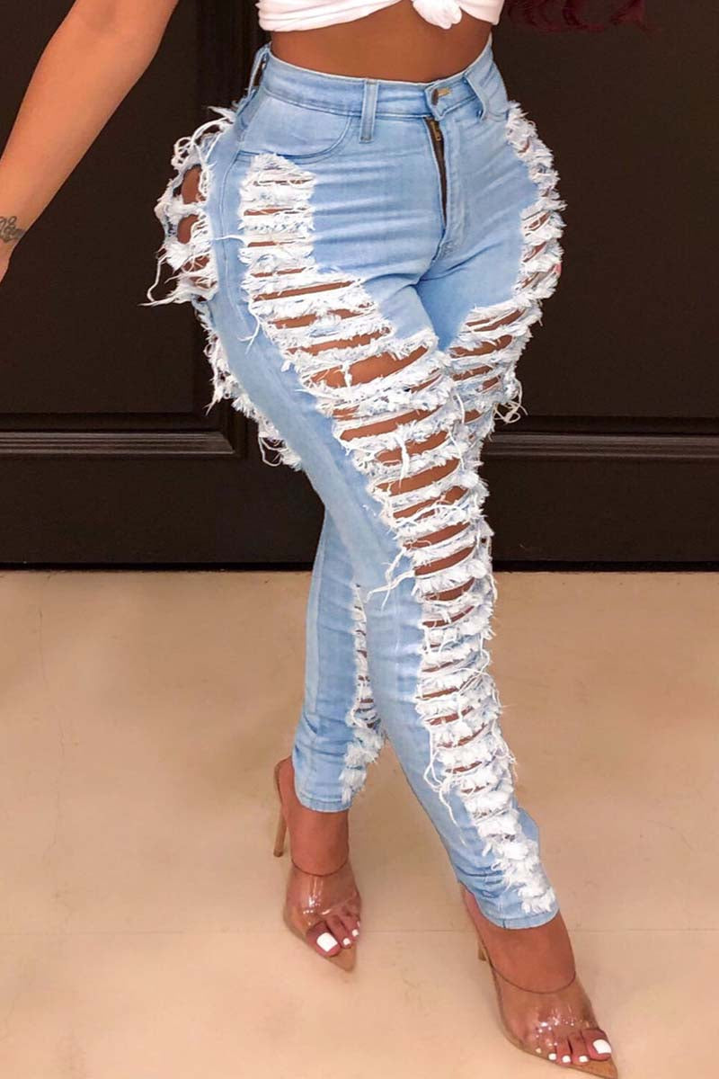 Black Casual Hight Waist Plus Size Distressed Ripped Denim Jeans