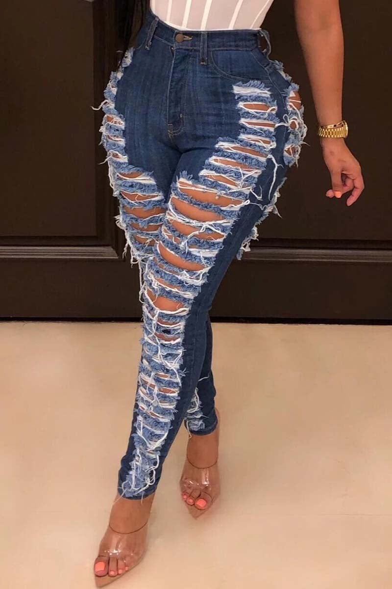 Black Casual Hight Waist Plus Size Distressed Ripped Denim Jeans