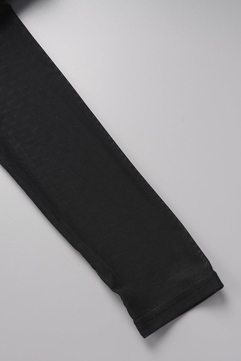 Black Sexy Patchwork Hollowed Out See-through Half A Turtleneck Long Sleeve Dress