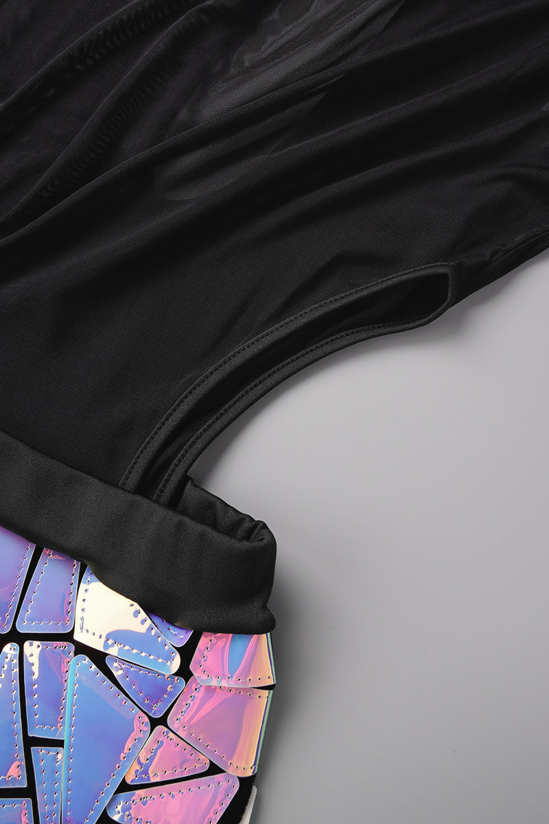 Black Sexy Patchwork Hollowed Out See-through Half A Turtleneck Long Sleeve Dress