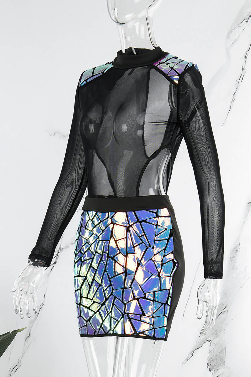 Black Sexy Patchwork Hollowed Out See-through Half A Turtleneck Long Sleeve Dress