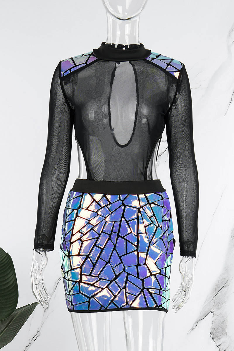 Black Sexy Patchwork Hollowed Out See-through Half A Turtleneck Long Sleeve Dress