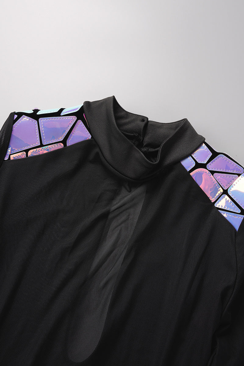 Black Sexy Patchwork Hollowed Out See-through Half A Turtleneck Long Sleeve Dress