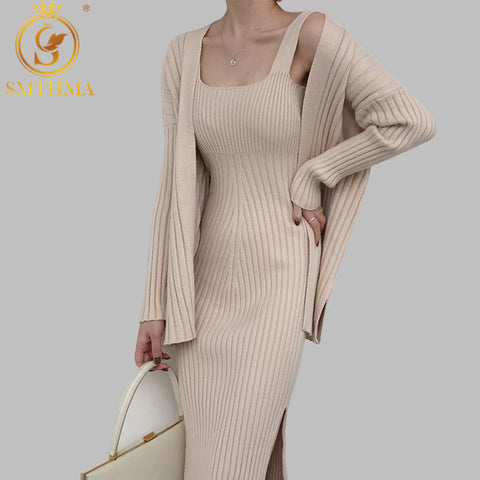 Image of 2020 New High quality winter Women's Casual Long Sleeved Cardigan + Suspenders Sweater Vest Dress Two Piece Runway  Dress Suit