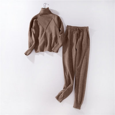 Sportswear High Collar Sweater Knit Pants Suit Casual Women's Two-Piece Suit