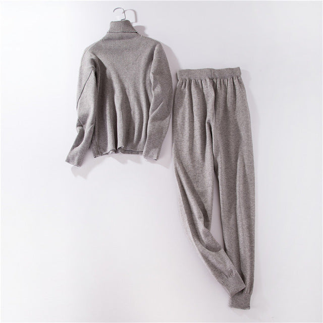 Sportswear High Collar Sweater Knit Pants Suit Casual Women's Two-Piece Suit