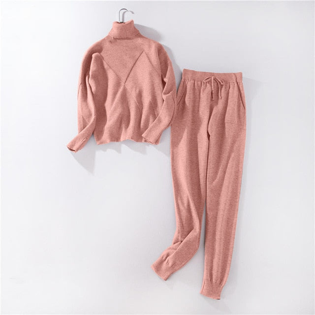Sportswear High Collar Sweater Knit Pants Suit Casual Women's Two-Piece Suit