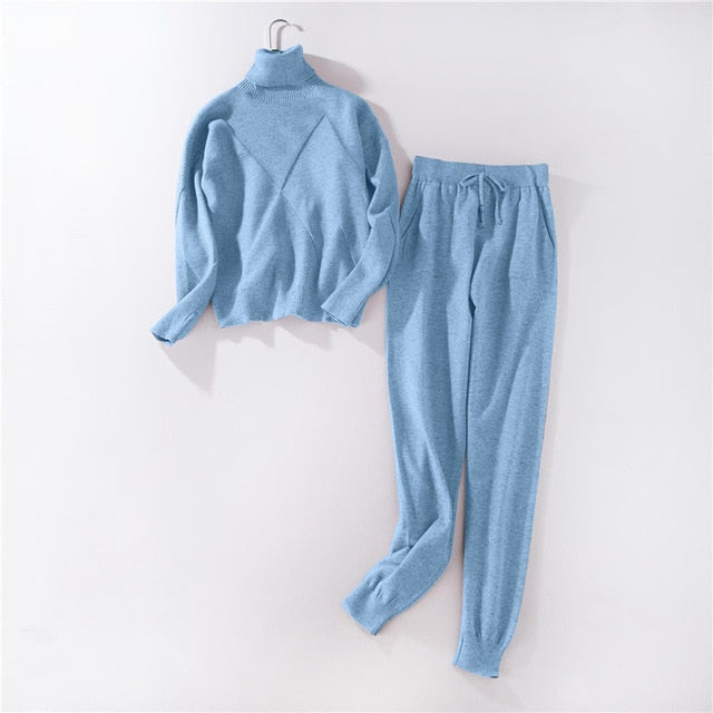 Sportswear High Collar Sweater Knit Pants Suit Casual Women's Two-Piece Suit