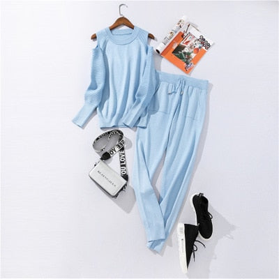 Sportswear High Collar Sweater Knit Pants Suit Casual Women's Two-Piece Suit