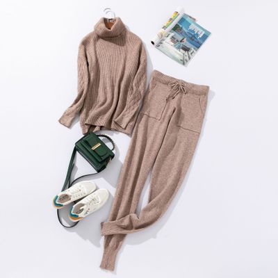 Sportswear High Collar Sweater Knit Pants Suit Casual Women's Two-Piece Suit