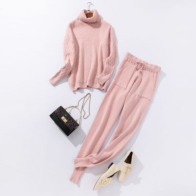 Sportswear High Collar Sweater Knit Pants Suit Casual Women's Two-Piece Suit