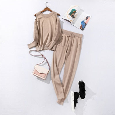 Sportswear High Collar Sweater Knit Pants Suit Casual Women's Two-Piece Suit