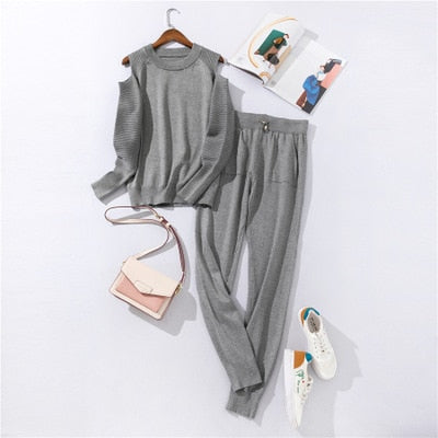 Sportswear High Collar Sweater Knit Pants Suit Casual Women's Two-Piece Suit