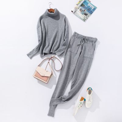 Sportswear High Collar Sweater Knit Pants Suit Casual Women's Two-Piece Suit