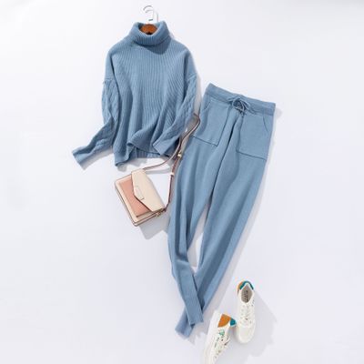 Sportswear High Collar Sweater Knit Pants Suit Casual Women's Two-Piece Suit