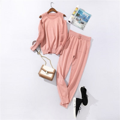 Sportswear High Collar Sweater Knit Pants Suit Casual Women's Two-Piece Suit