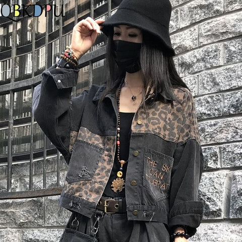 Image of Vintage Black Leopard Women Denim Jacket Spring Harajuku Punk Jean Jackets Coat Boyfriend Loose Pocket Fashion Streetwear