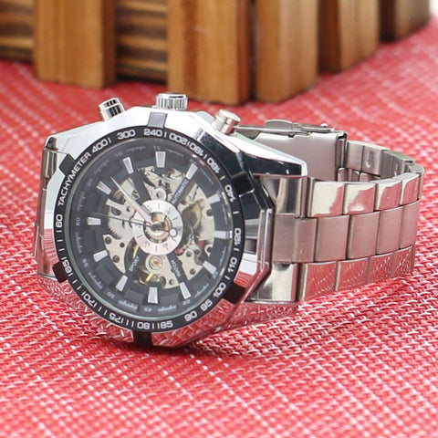 Image of Men's Hollow Skeleton Dial Automatic Mechanical Stainless Steel Band Wrist Watch Mas-culino Fashion Men's Watch Large Dial Milit