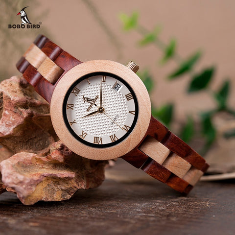 Image of BOBO BIRD Two-tone Wooden Watch Women Top Luxury Brand Timepieces Quartz Wrist Watches in Wood Box