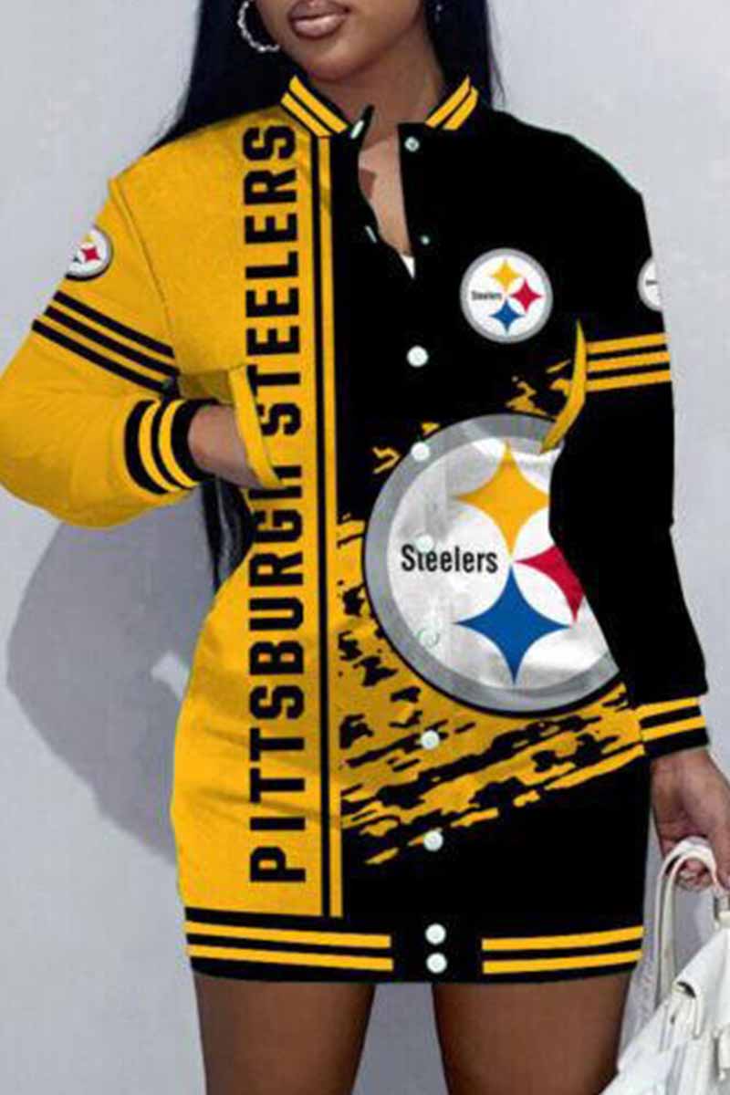 Football Sports Casual Vintage Print Patchwork Mandarin Collar One Step Skirt Dresses