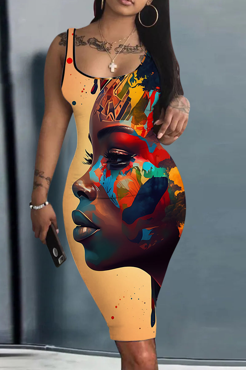 African Pride Women Dresses  -  Casual Figure Print Basic U Neck Vest Dresses