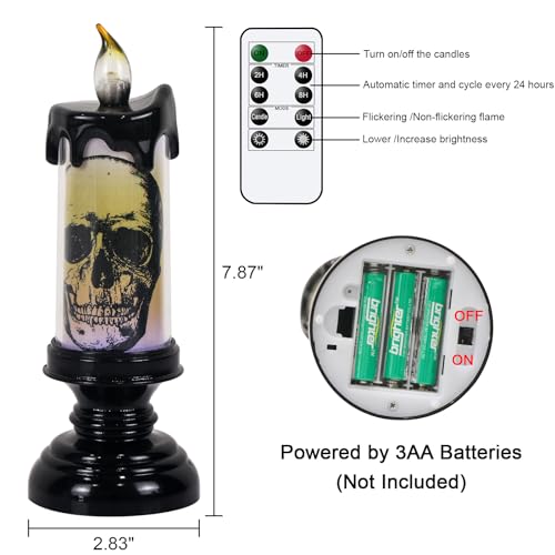 Eldnacele Halloween Flickering Candles with Skull, Spider Web, Crow Raven Decals Set of 3, Battery Operated Halloween Themed LED Candles Horror Spooky Decoration