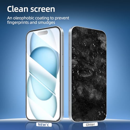 NEW'C 3 Pack Designed for iPhone 16, iPhone 15, iPhone 15 Pro (6.1 inches) Screen Protector Tempered Glass,Case Friendly Ultra Resistant