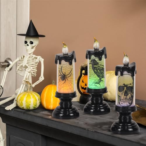 Eldnacele Halloween Flickering Candles with Skull, Spider Web, Crow Raven Decals Set of 3, Battery Operated Halloween Themed LED Candles Horror Spooky Decoration