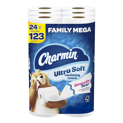 Charmin Toilet Paper Ultra Soft Cushiony Touch, 18 Family Mega Rolls = 90 Regular Rolls