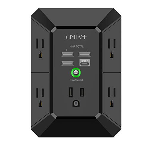 Wall Charger, Surge Protector, QINLIANF 5 Outlet Extender with 4 USB Charging Ports (4.8A Total) 3-Sided 1680J Power Strip Multi Plug Adapter Spaced for Home Travel Office (3U1C)