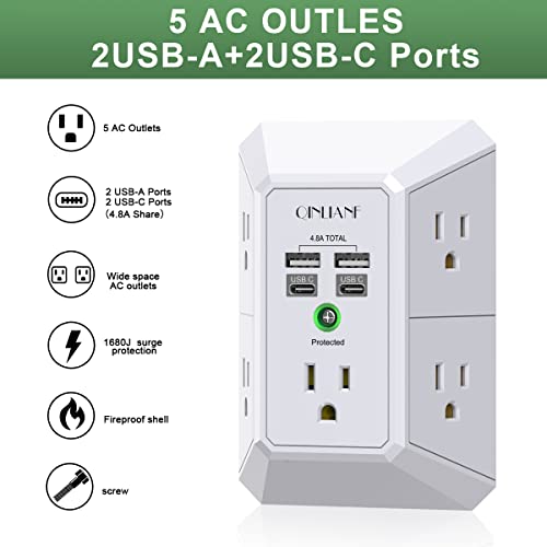 Wall Charger, Surge Protector, QINLIANF 5 Outlet Extender with 4 USB Charging Ports (4.8A Total) 3-Sided 1680J Power Strip Multi Plug Adapter Spaced for Home Travel Office (3U1C)