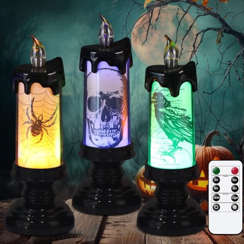 Eldnacele Halloween Flickering Candles with Skull, Spider Web, Crow Raven Decals Set of 3, Battery Operated Halloween Themed LED Candles Horror Spooky Decoration