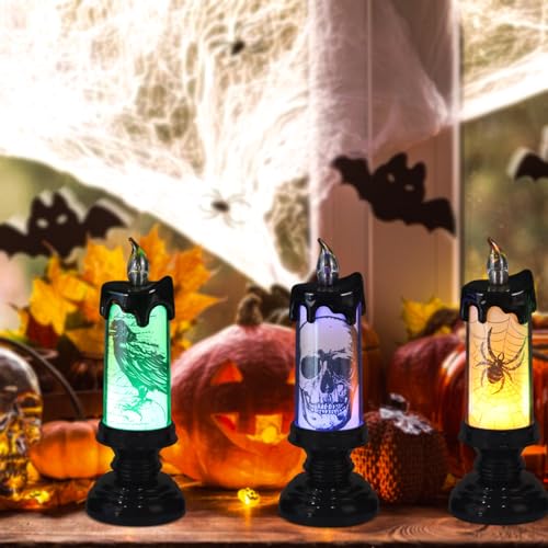 Eldnacele Halloween Flickering Candles with Skull, Spider Web, Crow Raven Decals Set of 3, Battery Operated Halloween Themed LED Candles Horror Spooky Decoration