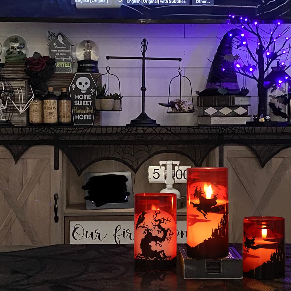 Eldnacele Halloween Flickering Candles with Skull, Spider Web, Crow Raven Decals Set of 3, Battery Operated Halloween Themed LED Candles Horror Spooky Decoration