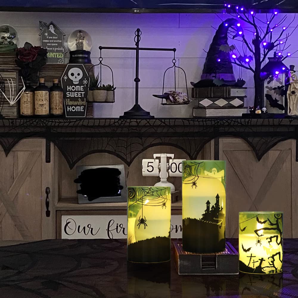 Eldnacele Halloween Flickering Candles with Skull, Spider Web, Crow Raven Decals Set of 3, Battery Operated Halloween Themed LED Candles Horror Spooky Decoration