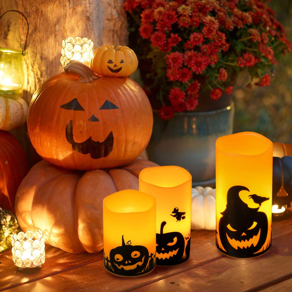 Eldnacele Halloween Flickering Candles with Skull, Spider Web, Crow Raven Decals Set of 3, Battery Operated Halloween Themed LED Candles Horror Spooky Decoration