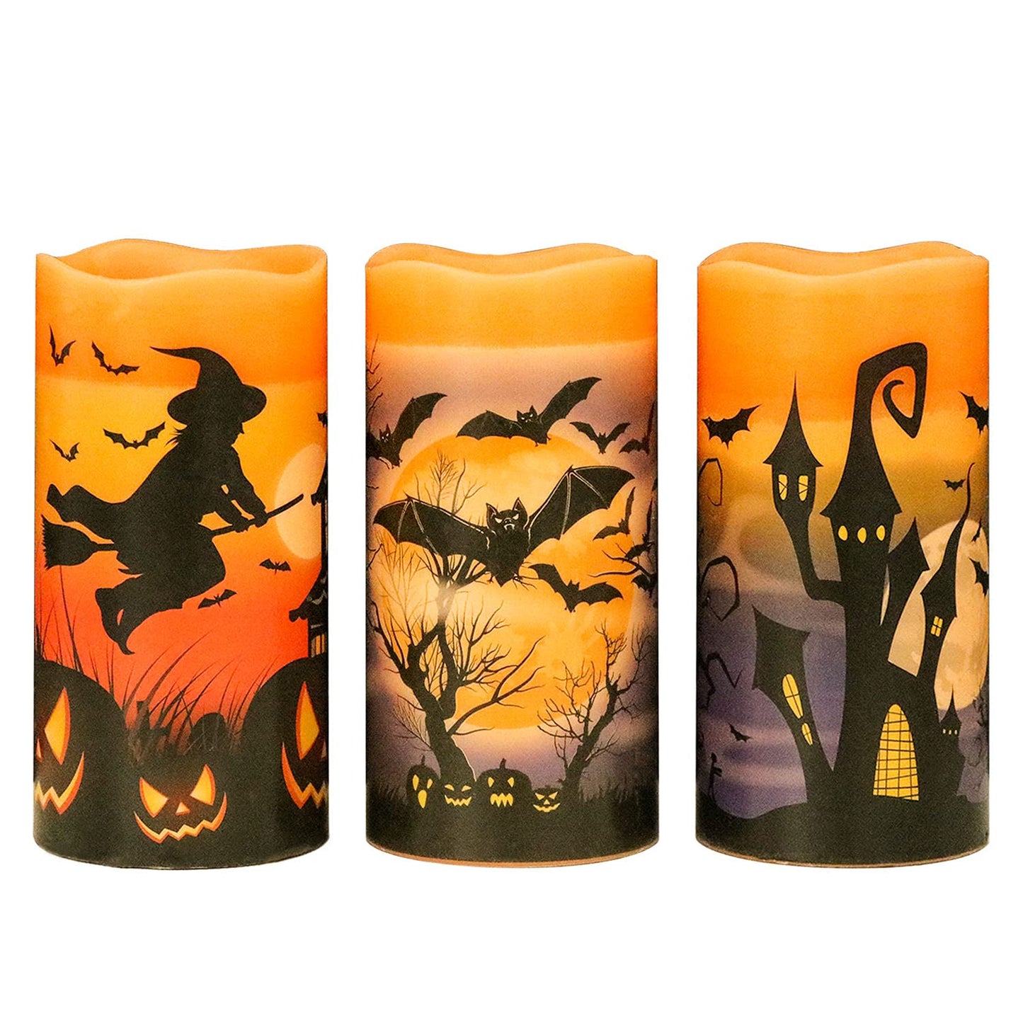 Eldnacele Halloween Flickering Candles with Skull, Spider Web, Crow Raven Decals Set of 3, Battery Operated Halloween Themed LED Candles Horror Spooky Decoration