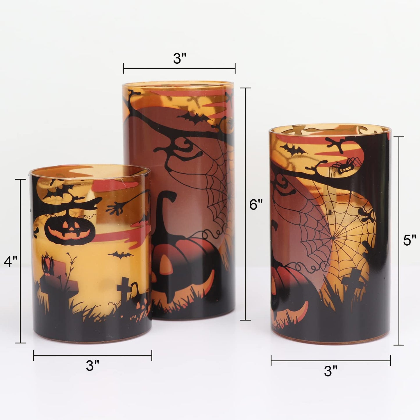 Eldnacele Halloween Flickering Candles with Skull, Spider Web, Crow Raven Decals Set of 3, Battery Operated Halloween Themed LED Candles Horror Spooky Decoration