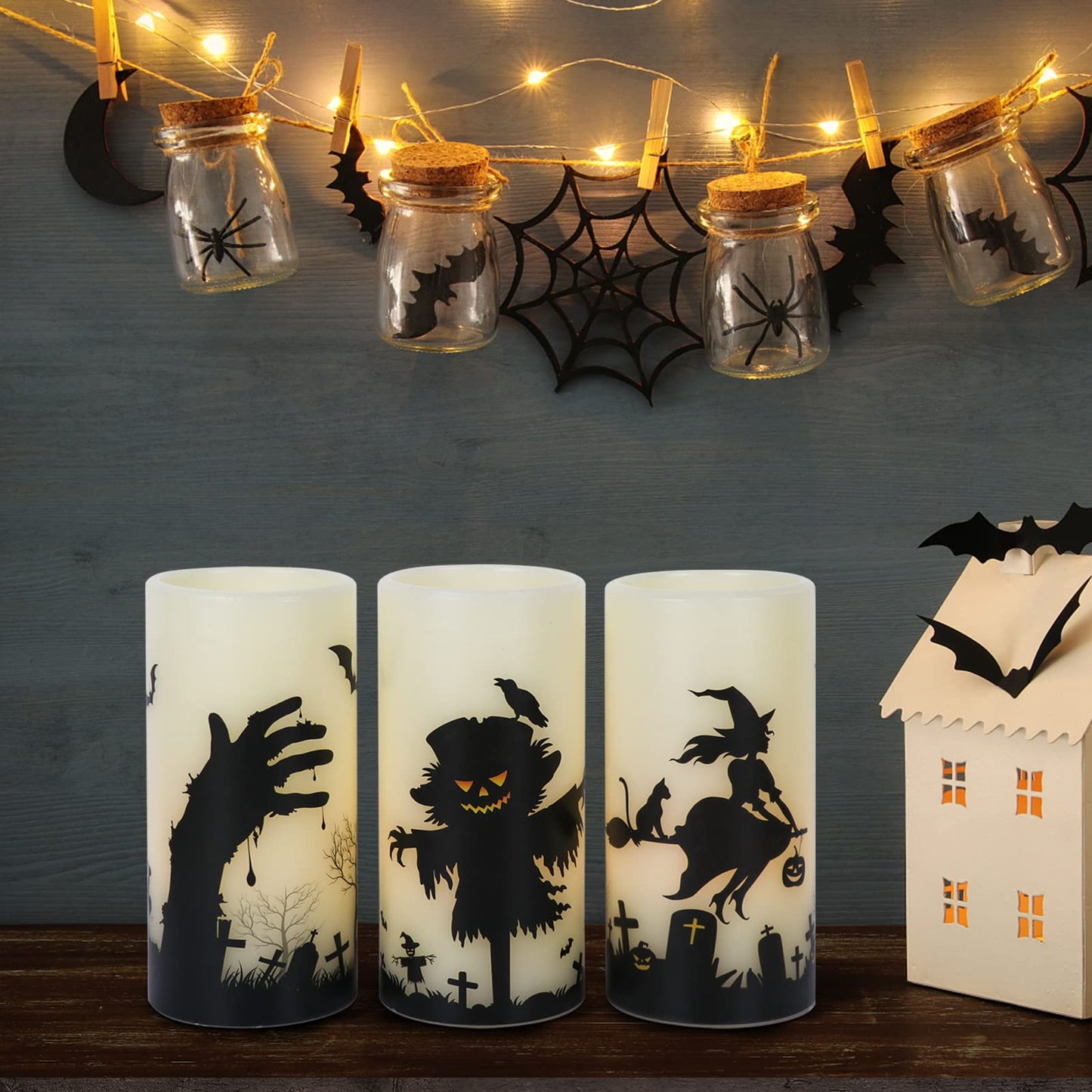 Eldnacele Halloween Flickering Candles with Skull, Spider Web, Crow Raven Decals Set of 3, Battery Operated Halloween Themed LED Candles Horror Spooky Decoration