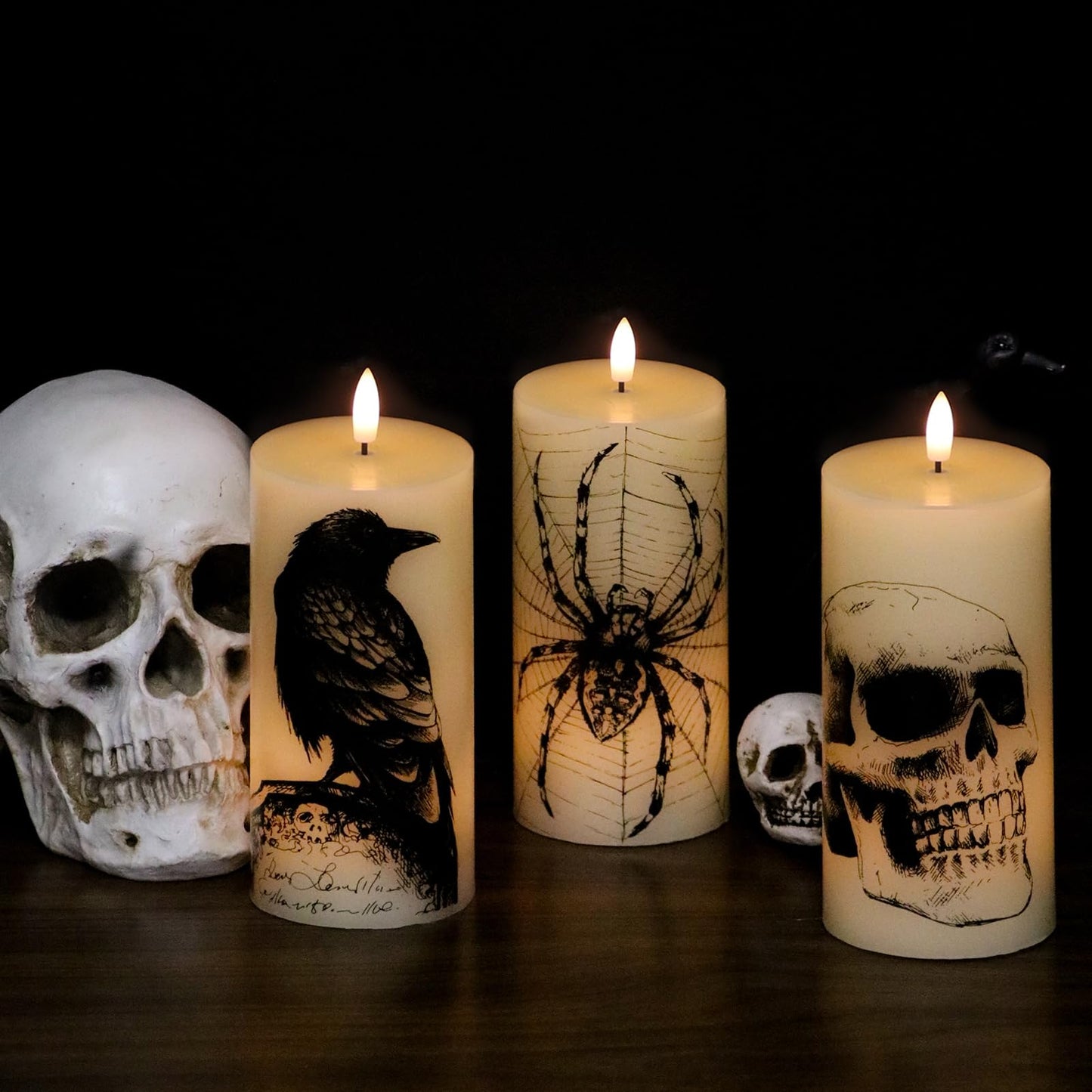 Eldnacele Halloween Flickering Candles with Skull, Spider Web, Crow Raven Decals Set of 3, Battery Operated Halloween Themed LED Candles Horror Spooky Decoration