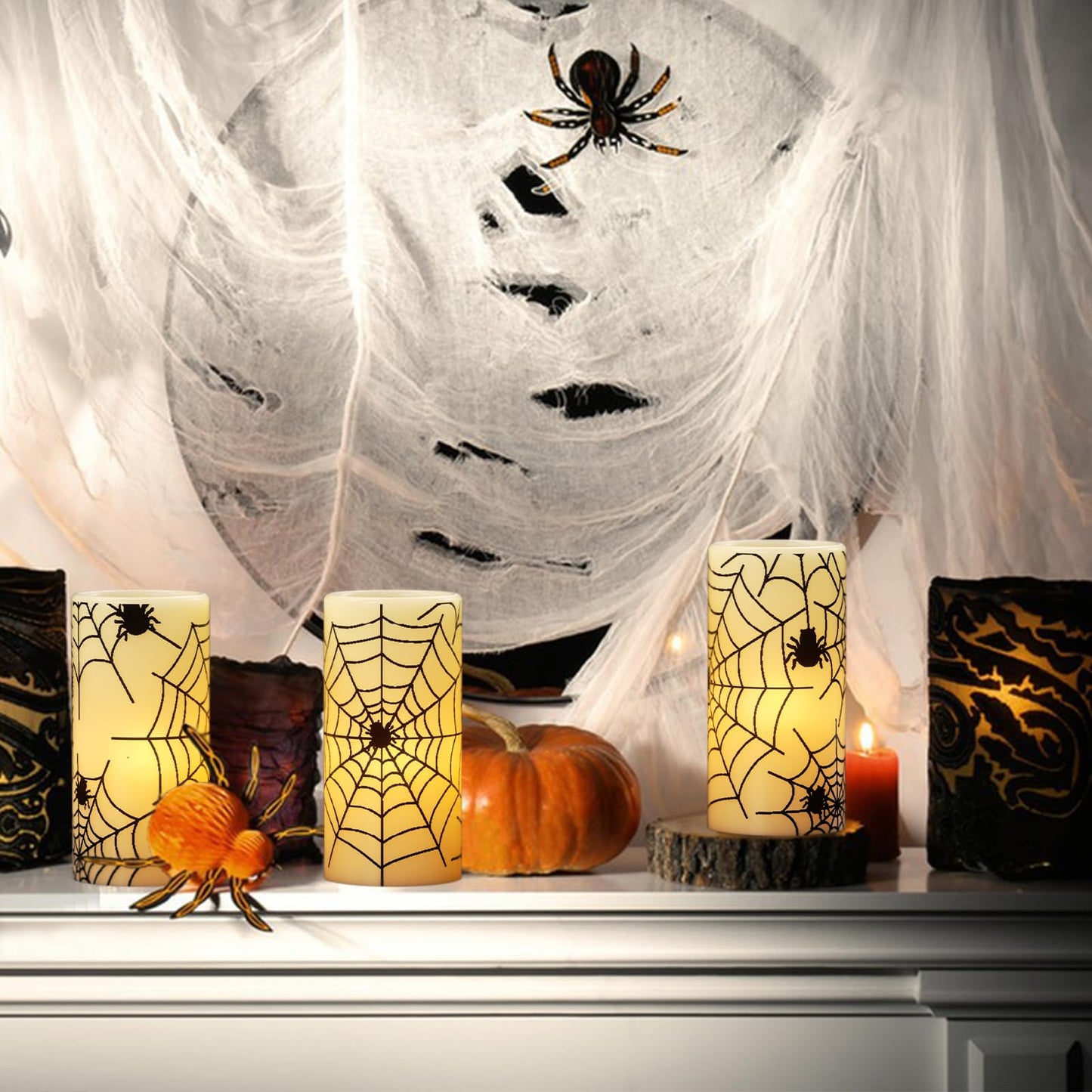 Eldnacele Halloween Flickering Candles with Skull, Spider Web, Crow Raven Decals Set of 3, Battery Operated Halloween Themed LED Candles Horror Spooky Decoration