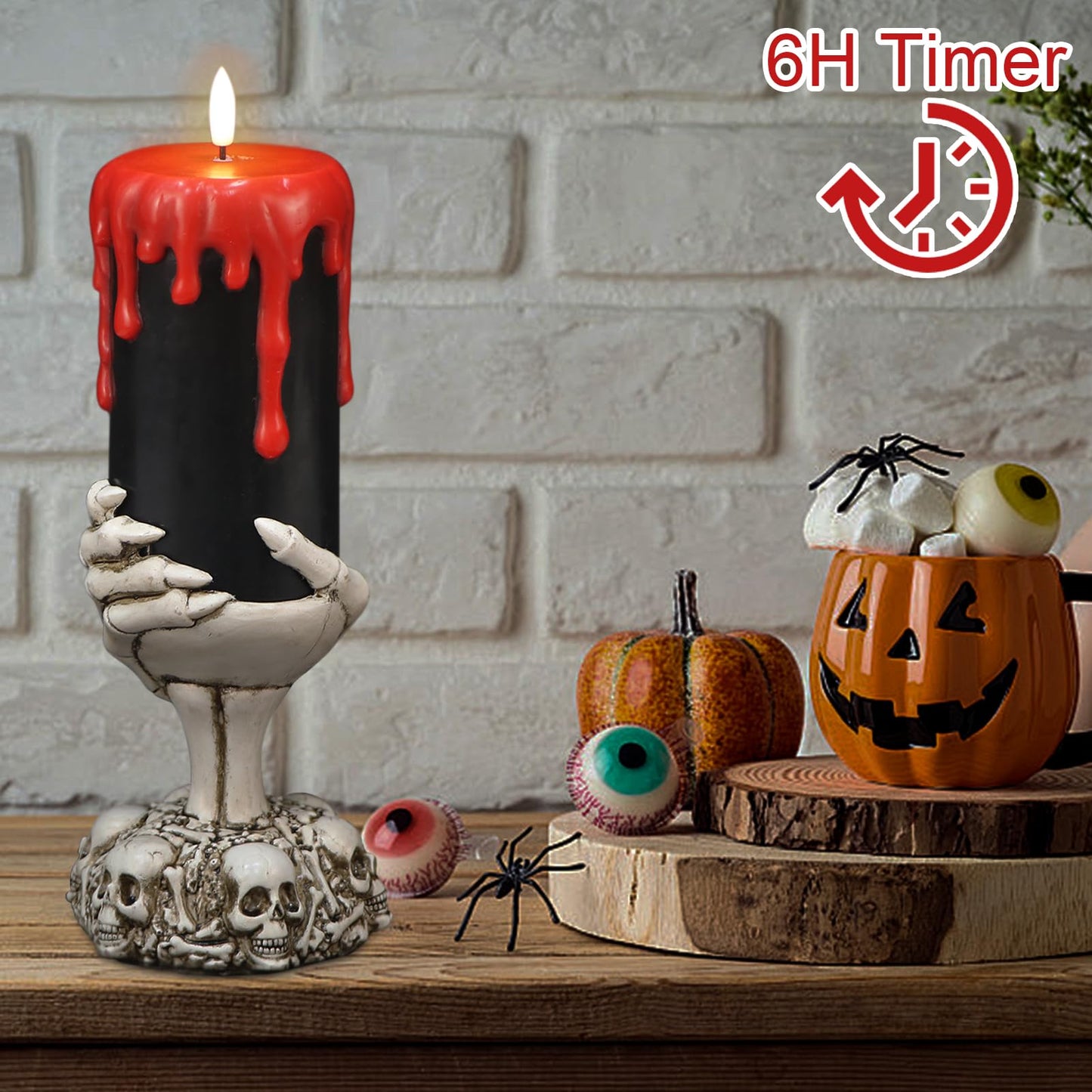 Eldnacele Halloween Flickering Candles with Skull, Spider Web, Crow Raven Decals Set of 3, Battery Operated Halloween Themed LED Candles Horror Spooky Decoration